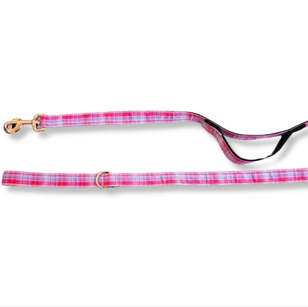 Pink Plaid Dog Leash- Nylon Dog Leash With Traffic Handle- Red Gold Hardware
